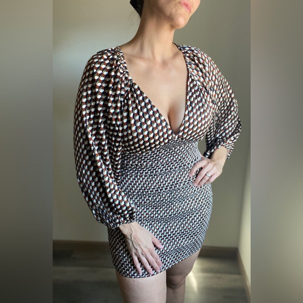 ACOA Puff Sleeve Mini Dress NEW Stretch Earth Tones Party